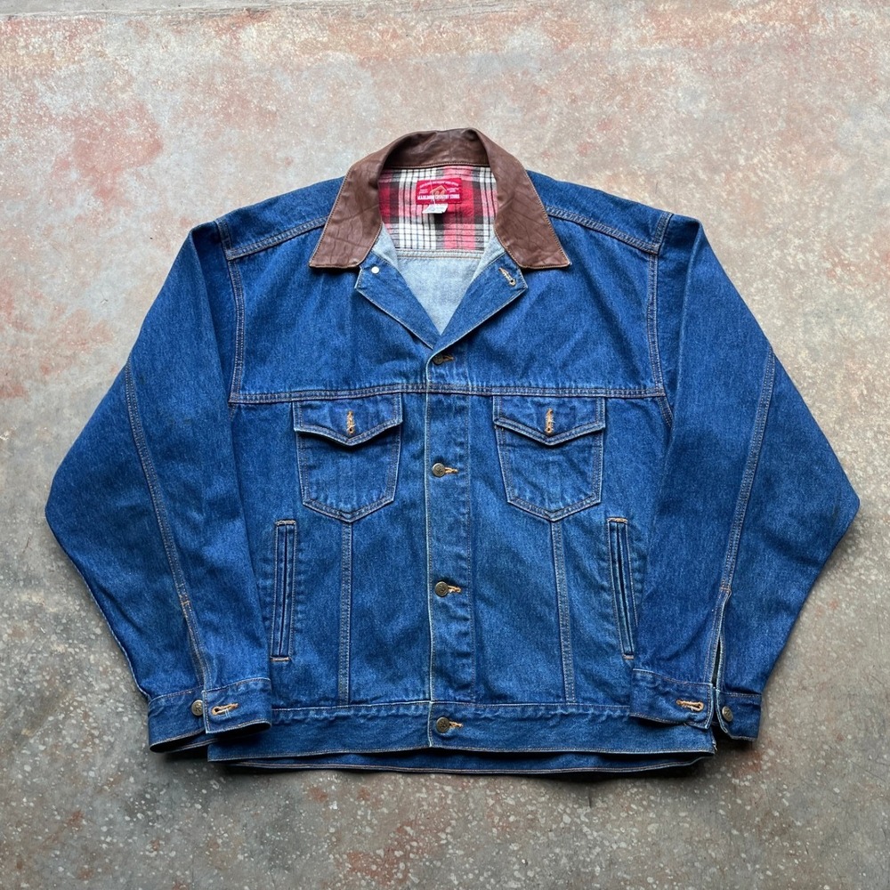 Vintage Marlboro Country Store Denim Jacket Leather Collar Flannel Lined Blue XL